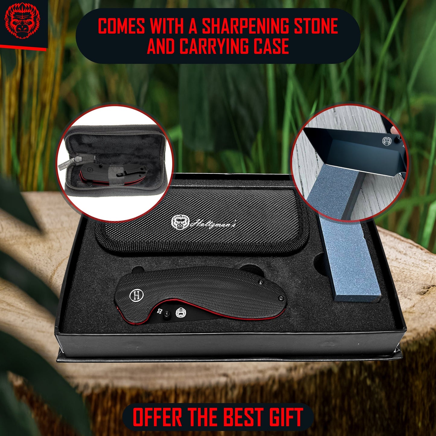 Holtzman's Gorilla Survival The Pioneer Folding Pocket Knife Giftset for Men and Women (Black and Orange)