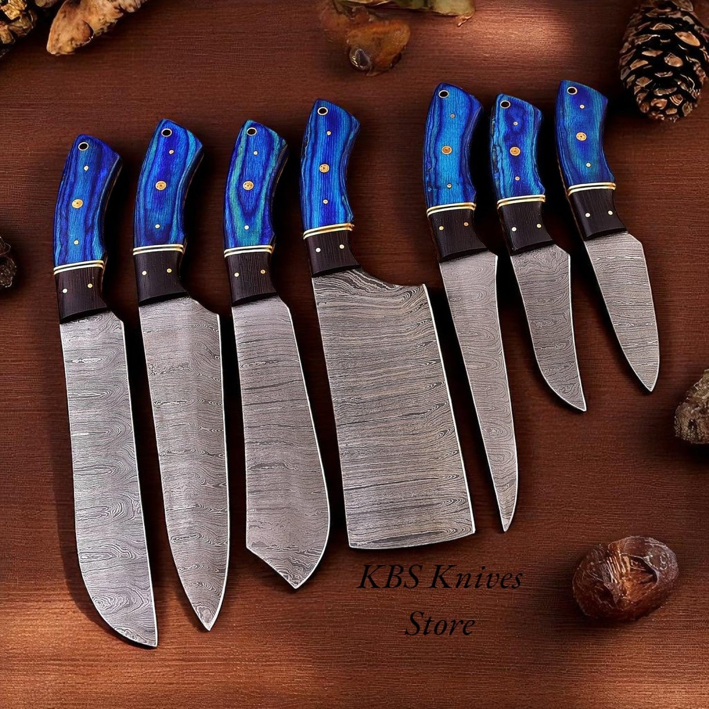 KBS Knives 7 Pcs Custom Handmade Damascus Steel Cooking Knives Set with Exotic Pakka Wood Handles