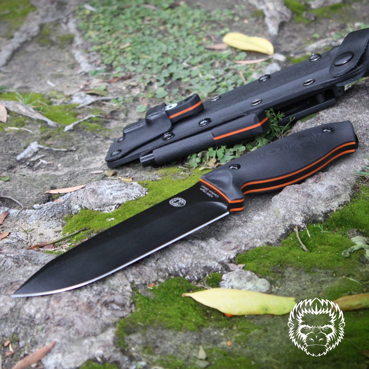 Holtzman's Gorilla Survival "The Fireline" Bushcraft Survival Knife with 1095 High Carbon Blade Giftset (Black and Orange)