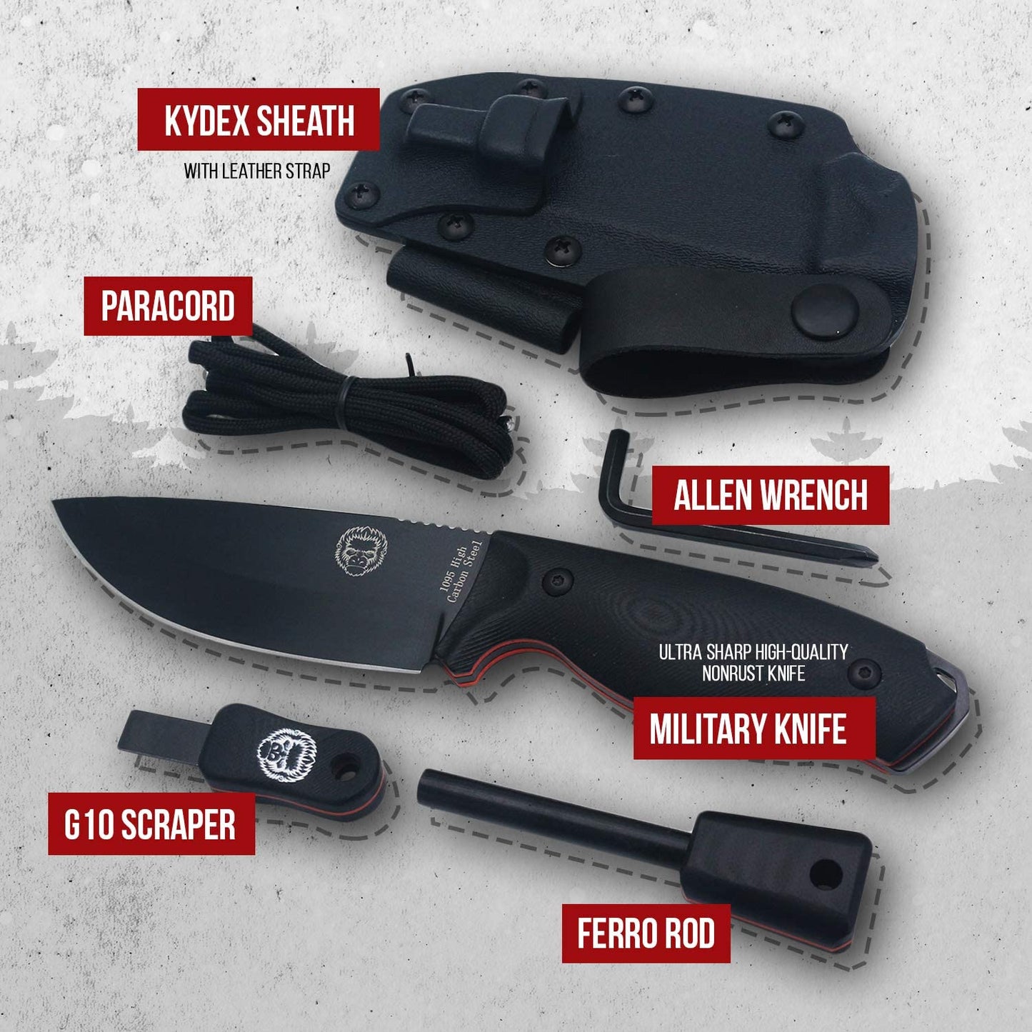 Holtzman's Gorilla Survival "The Bloodline" 1095 High Carbon Steel Bushcraft Survival Knife Gift Set