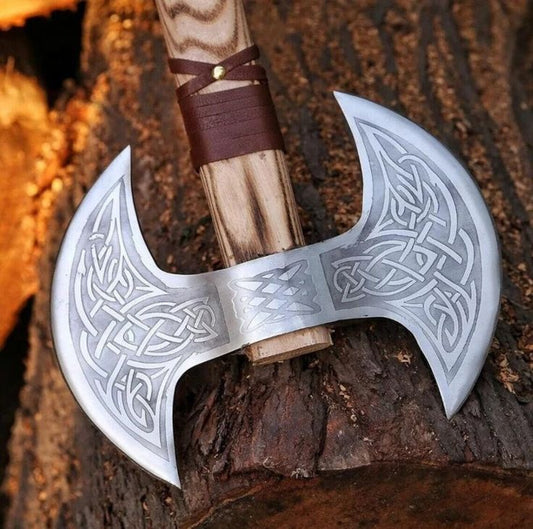 KBS Knives Mastercraft Battle Axe: Custom Handmade Engraved Double Blades with D2 Steel and Ash Wood Handle, Leather Wrap, and Sheath
