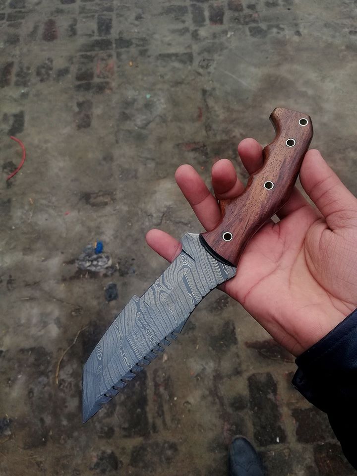 KBS Knives Custom Handmade Damascus Tanto Tracker Knife with Rosewood Handle - 10 inches Overall Length, Serrated Top Blade