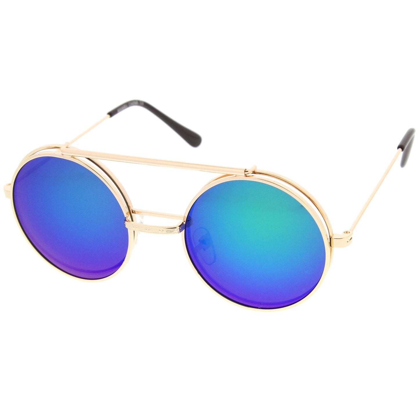 zeroUV Retro Round Steampunk Mirrored Lens Flip Up Sunglasses 8966
