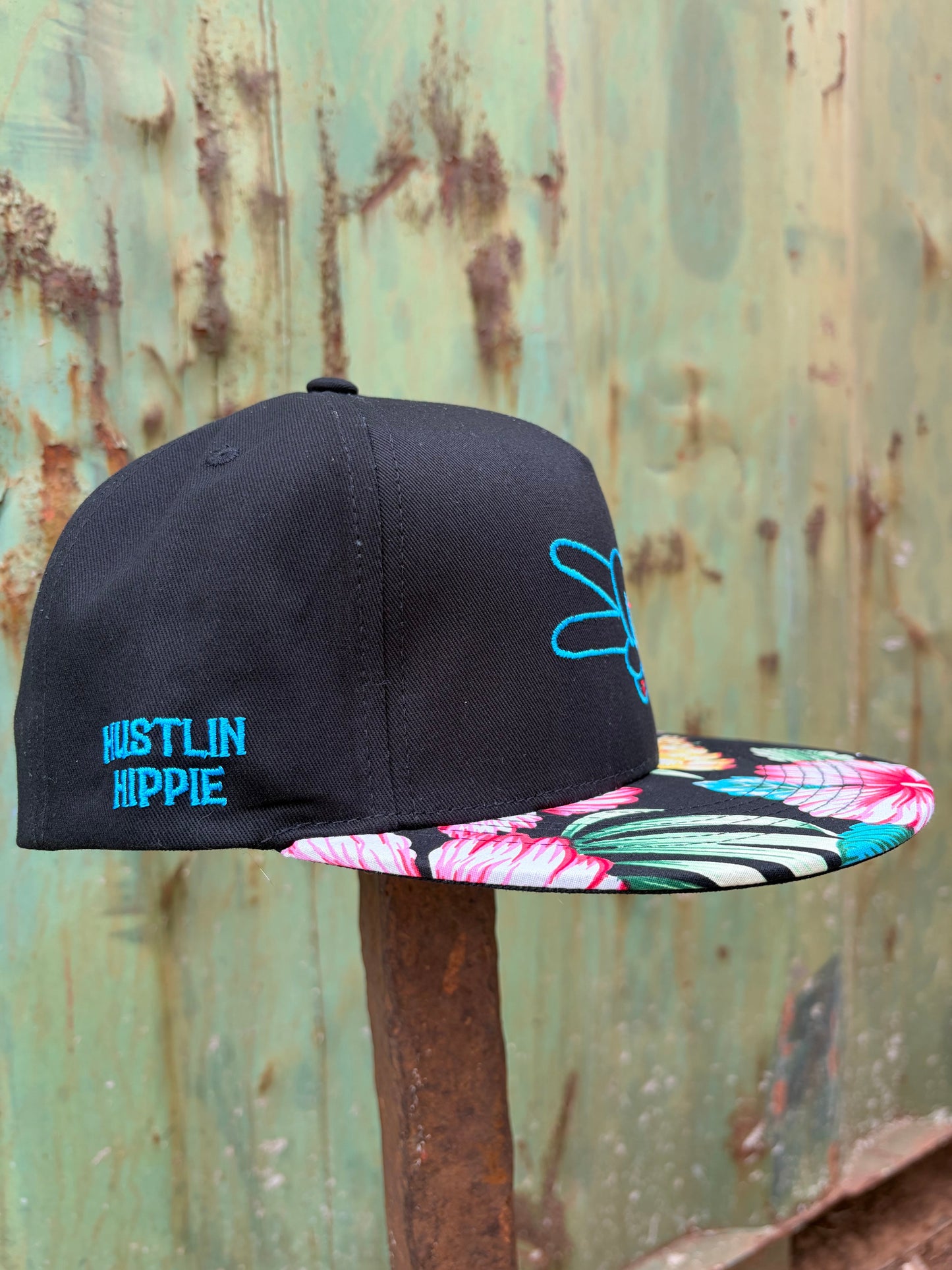 Hustlin Hippie PL Series 5 Panel Snapback Hat- BLACK/FLOWER- BLUE LOGO w/ BOLD style