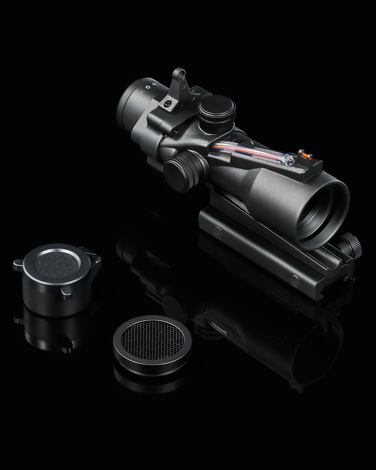 Pinty Scopes 4x32 Prism Scope, Compact Tactical Rifle Scope with Fiber Reticle Sight, Iron Sights, Multicoated Lenses, Fits 20 mm Picatinny