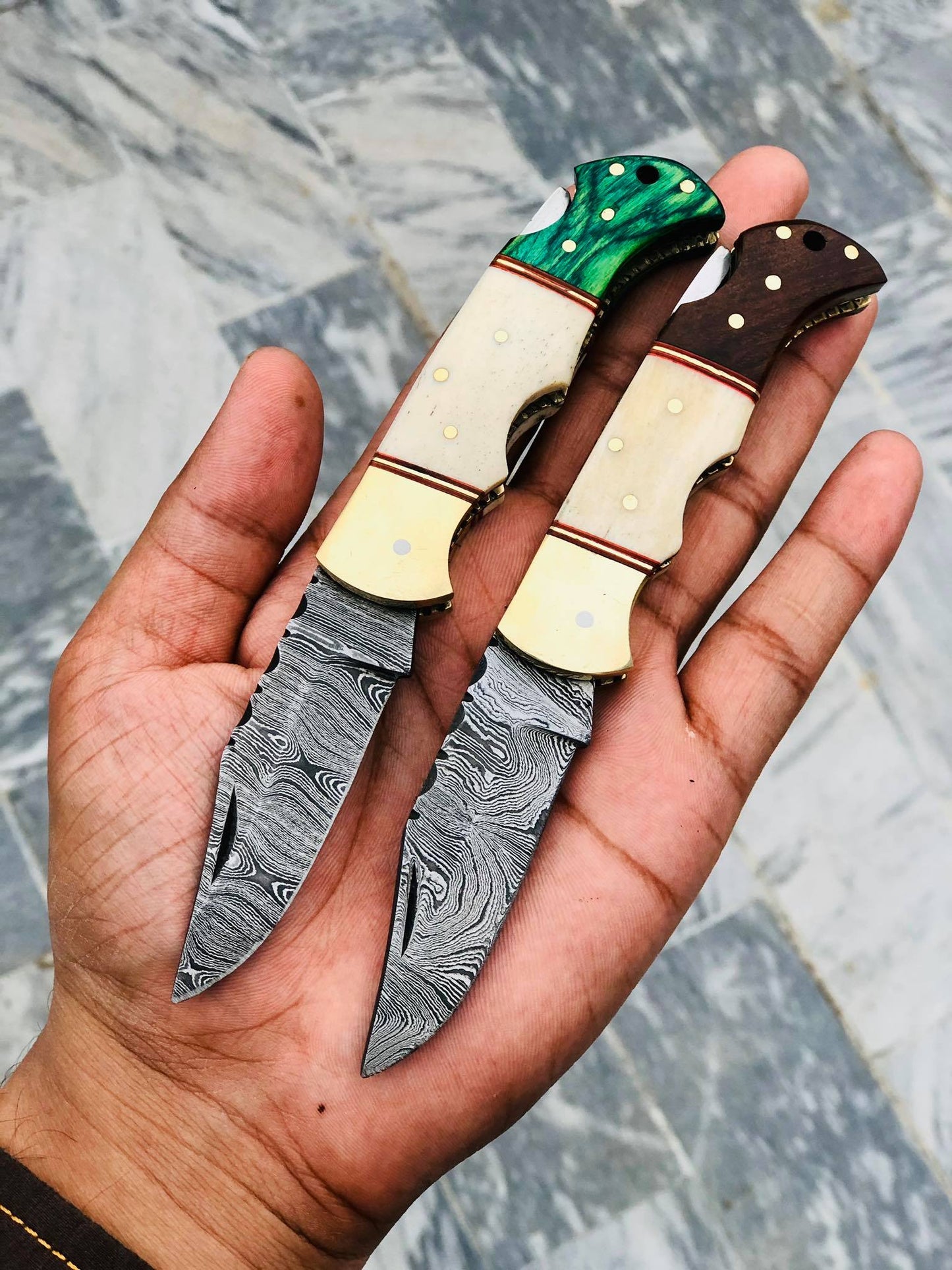 KBS Knives Top Quality Damascus Steel Folding Pocket Knife with Bone-Rosewood and Green Wood Handle, 3 Inches Blade Length