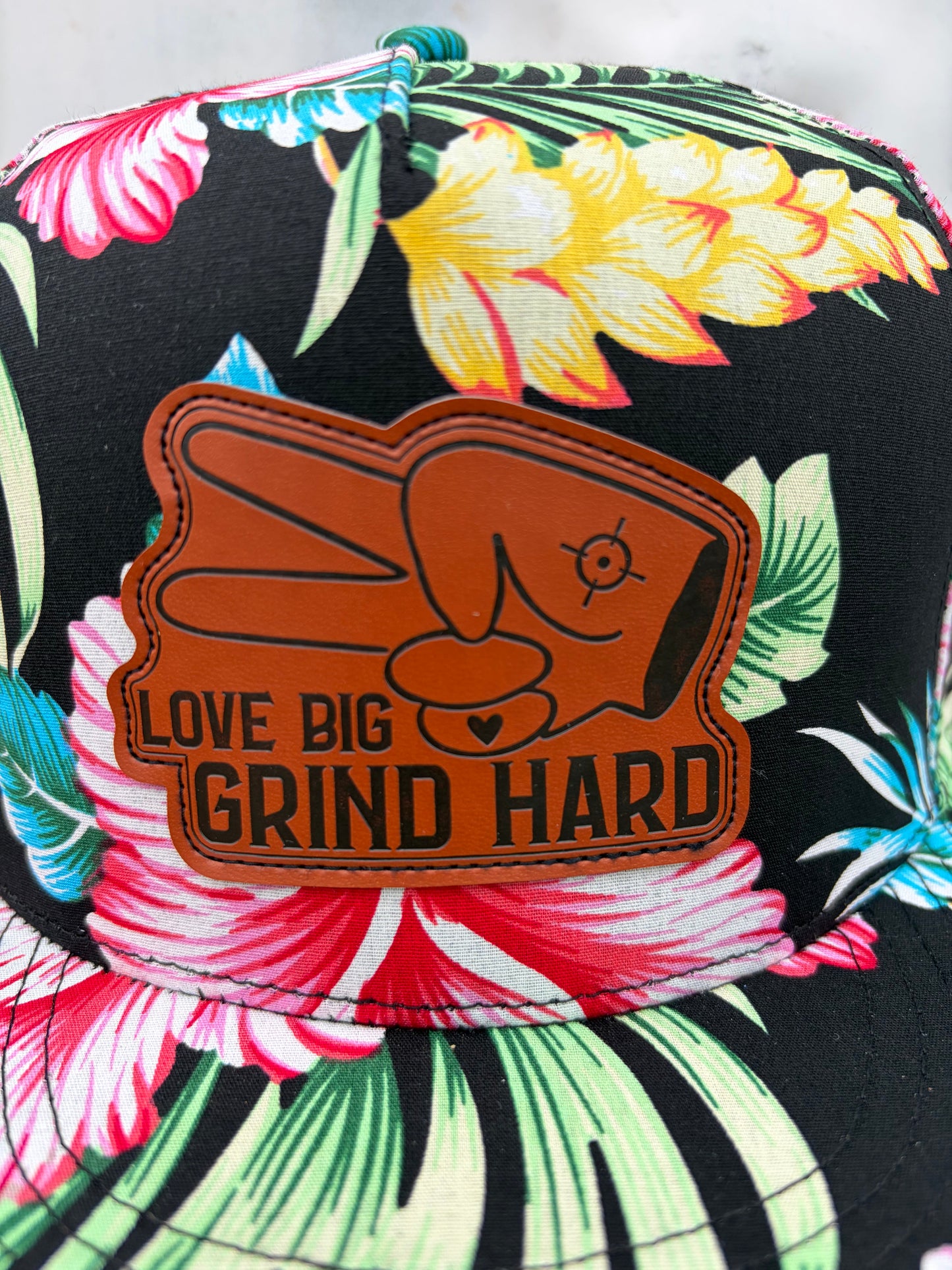 Hustlin Hippie PL Series 5 Panel Snapback Hat- FLORAL- “Love Big, Grind Hard” Patch