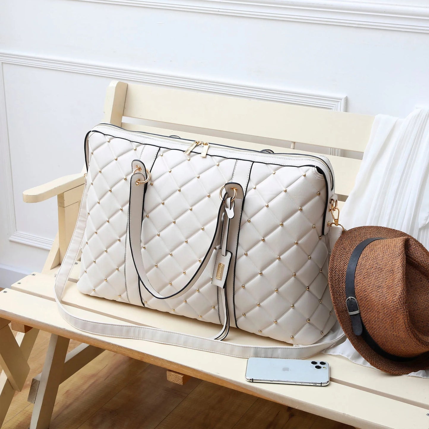 Badgley Mischka Diamond Quilted Vegan Leather Weekender Tote Bag