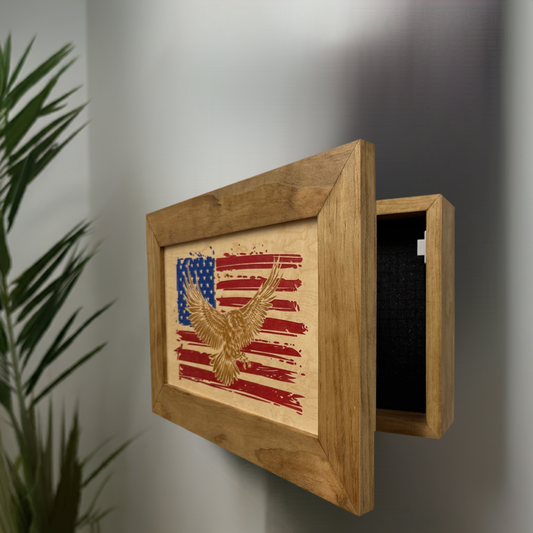 Bellewood Designs - Bald Eagle & American Flag Patriotic Decorative Wall-Mounted Secure Gun Cabinet