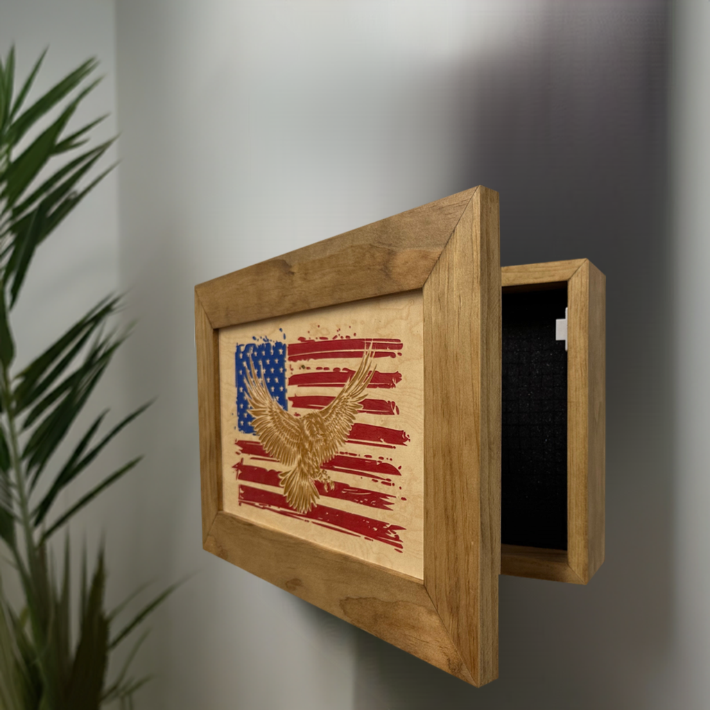Bellewood Designs - Bald Eagle & American Flag Patriotic Decorative Wall-Mounted Secure Gun Cabinet
