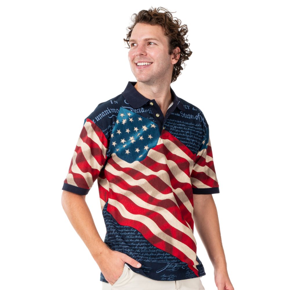 The Flag Shirt Co - Men's Patriotic Waving American Flag 100% Cotton Polo Shirt
