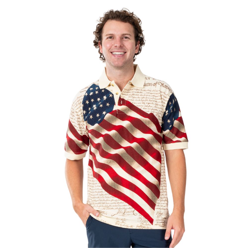 The Flag Shirt Men's Patriotic American Waving Flag 100% Cotton Polo Shirt