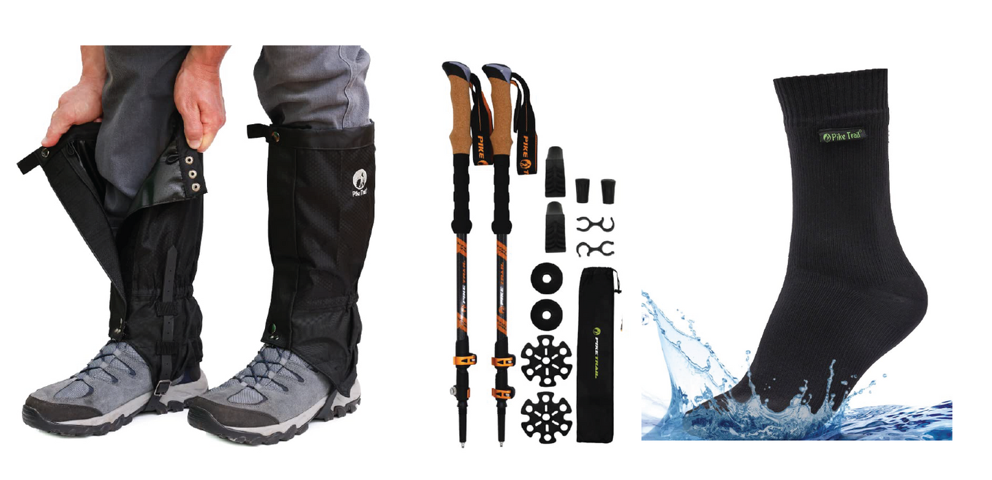 Pike Trail "Hiker" Bundle: Leg Gaiters - Waterproof Socks - Trekking Poles