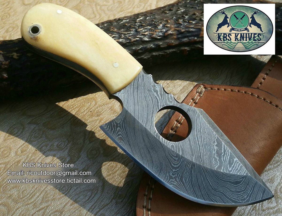 KBS Knives Finger Hole Damascus Skinning Knife