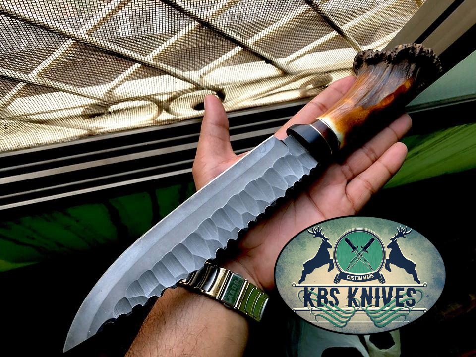 KBS Knives Classic Viking Hunting Bowie Knife - Custom Handcrafted 1095 Hand Forged Steel Blade, Stag Crown, Buffalo Horn & Rosewood Handle with Brass Spacers, 13" Overall Length | Leather Sheath | KBS Knives