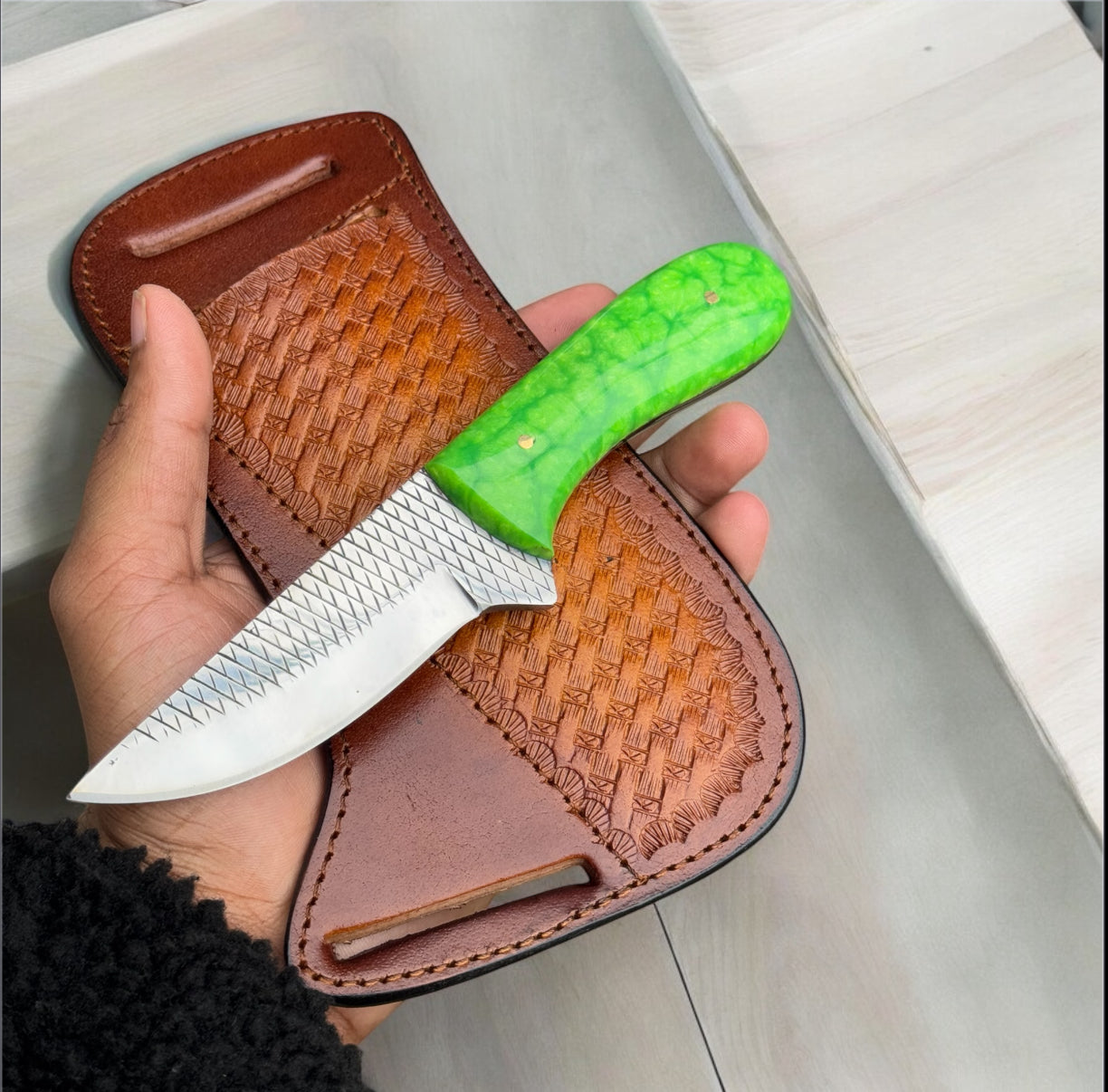 Texan Knives Cowboy Knife Sheath – 8" Rasp Tool Steel Blade with Parrot Resin Handle & Western Leather Pancake Sheath