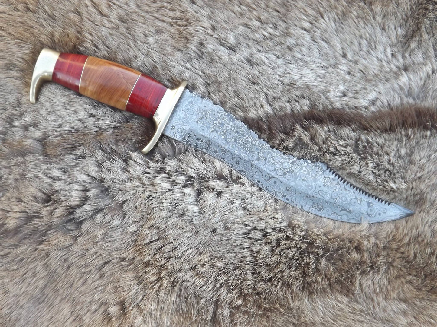 KBS Knives Custom Handmade Ironclad Bowie Knife with Raindrops Damascus Steel Blade and Olive Wood Handle - 15 Inches