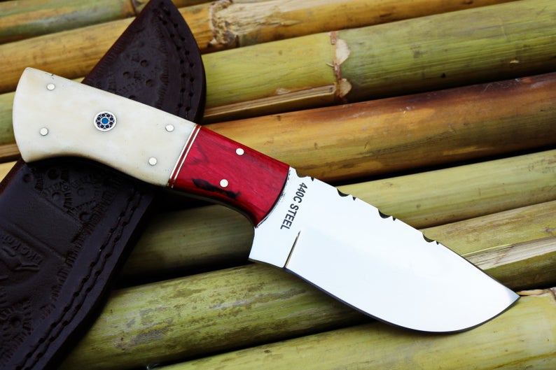 KBS Knives Custom Handmade Mirror Polished 440C Steel Skinning Knife - 8 Inch Bone Handle with Exotic Wood Bolster, Leather Sheath - Premium Quality by KBS Knives