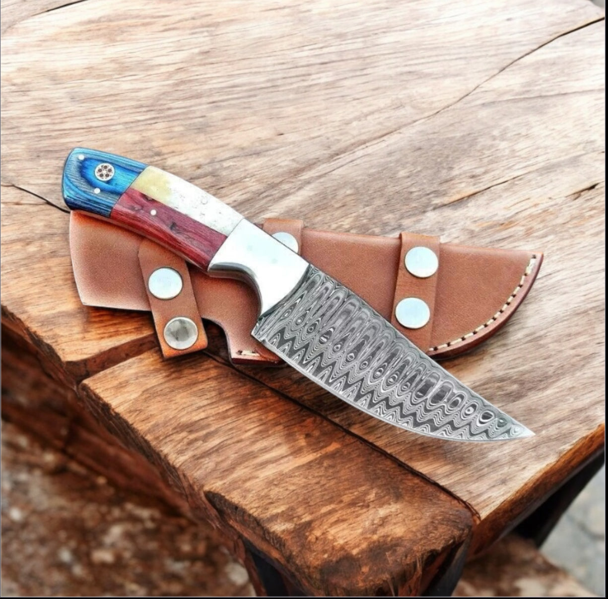 Texan Knives Custom Handmade Texas Flag Damascus Steel Hunting Knife with Exotic Wood-Bone Handle