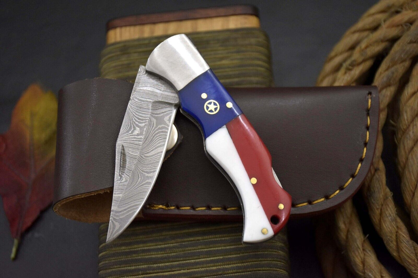 Texan Knives Handcrafted Damascus Steel Pocket Knife – Texas Flag Handle & Leather Sheath | Collectible EDC Gift