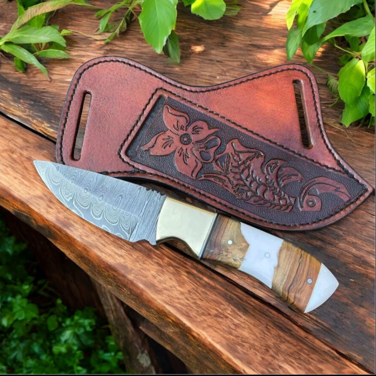Texan Knives Custom Handmade Damascus Steel Skinning Knife – 7.75" with Leather Case