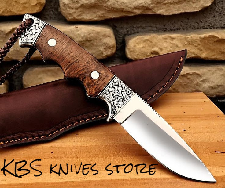 KBS Knives Hunting Skinning Knife – 9" D2 Steel Blade with Burl Rosewood Handle & Engraved Bolsters
