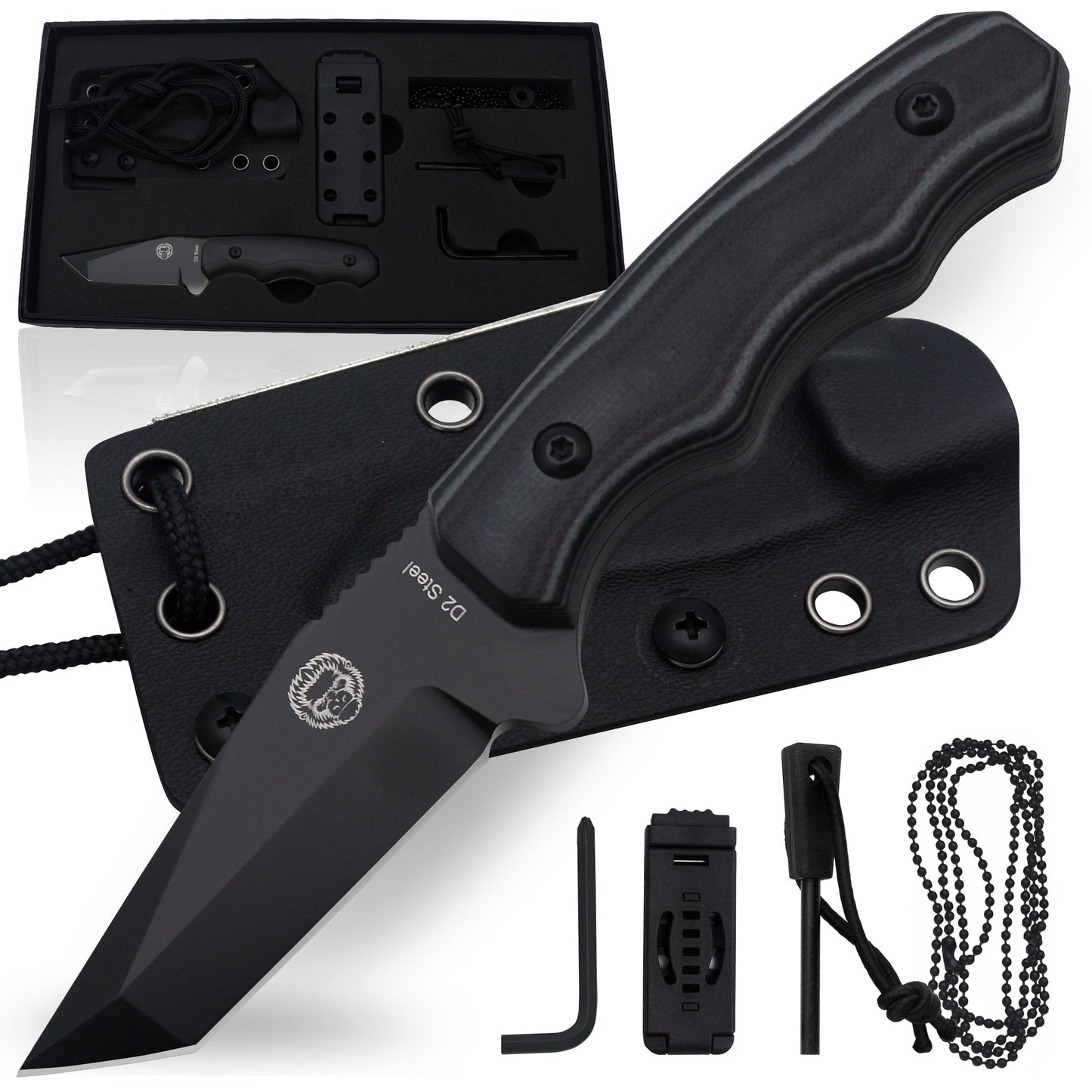 Holtzman's Gorilla Survival The Wakizashi Survival Neck Knife Giftset for Outdoors (Black Blade + Green Liner)