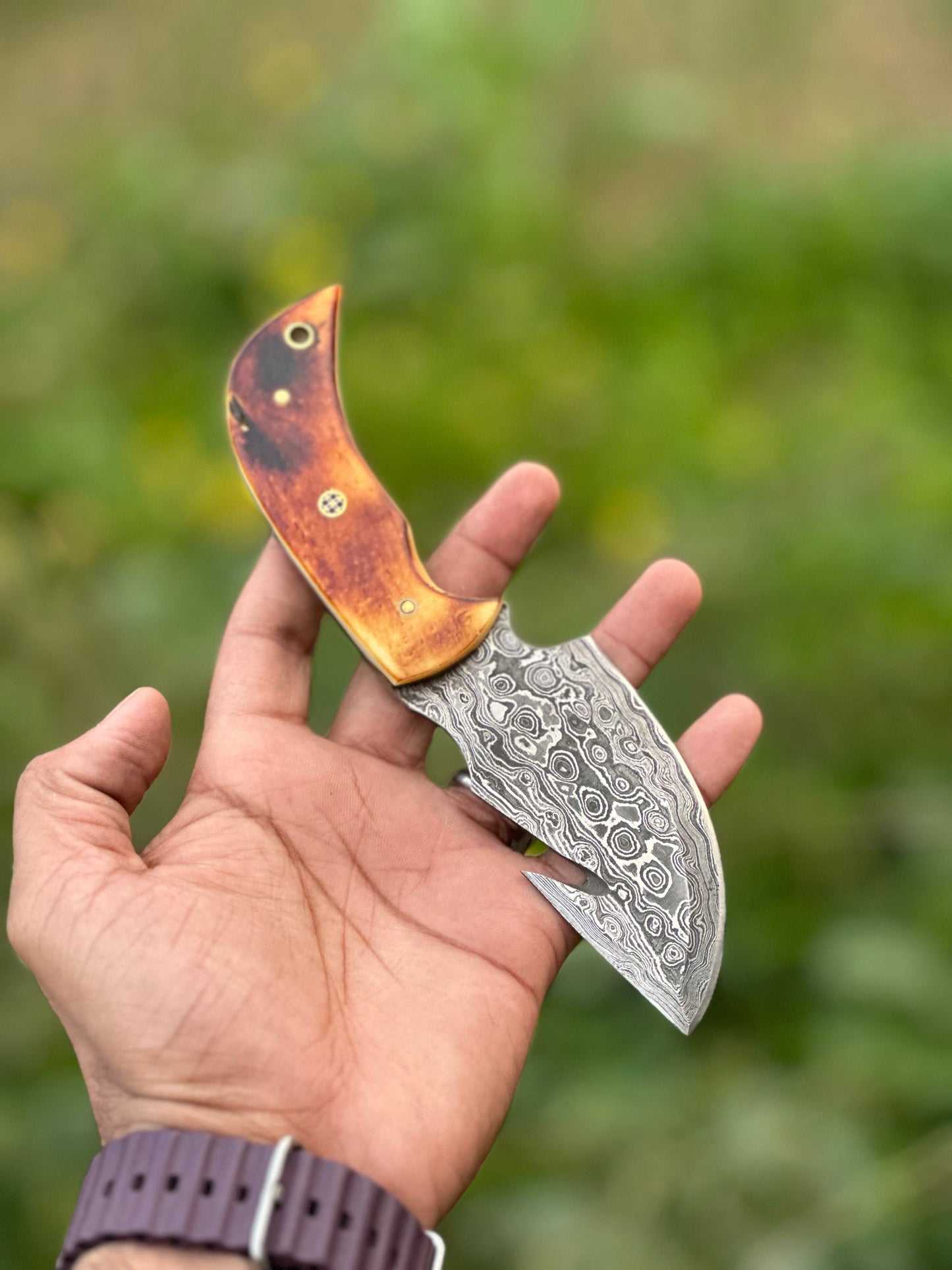 Texan Knives Custom Handmade Damascus Steel Guthook Skinning Knife with Camel Bone Handle - 7.5” Blade with Leather Sheath