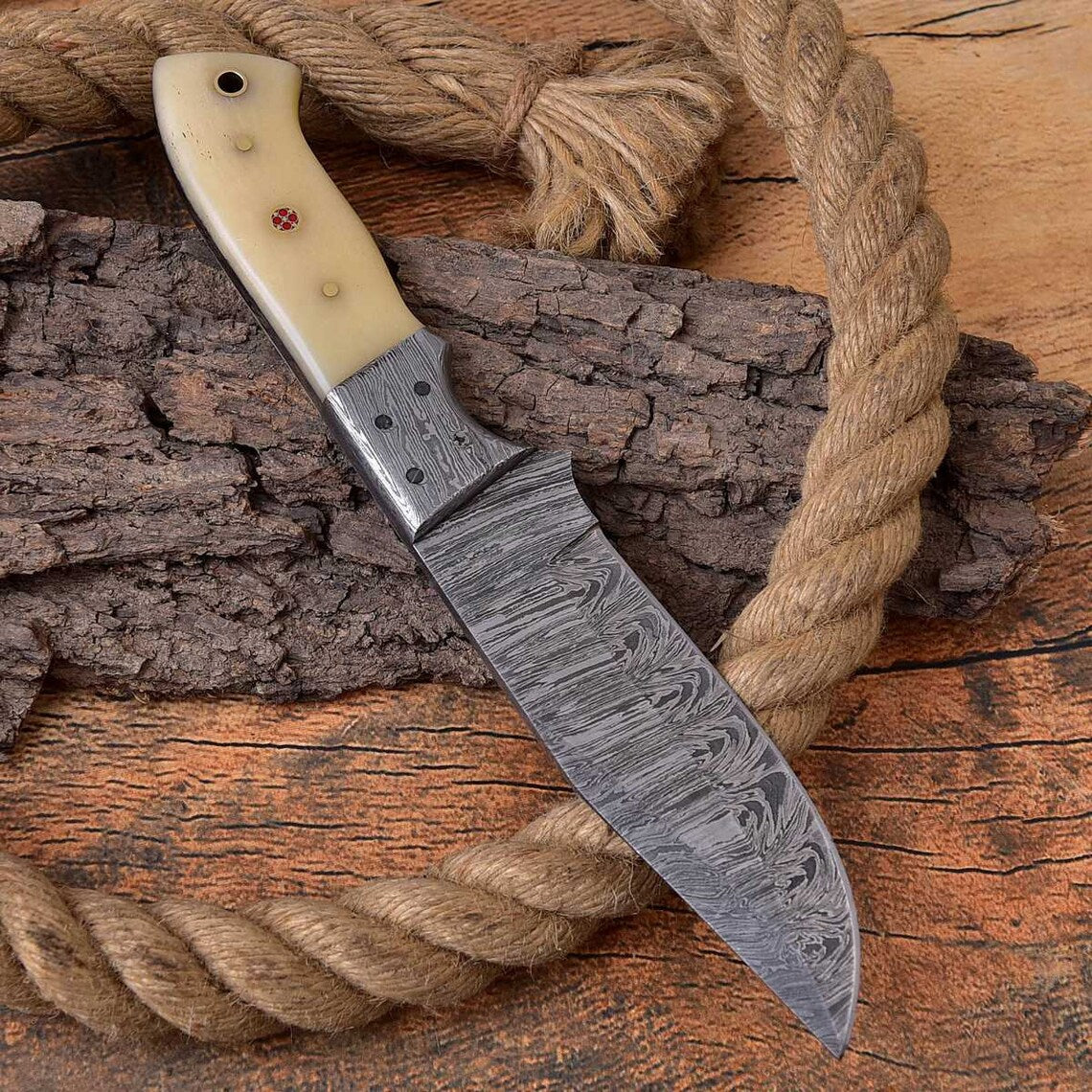 KBS Knives Whitetail Warrior - Custom Handcrafted Damascus Steel Deer Hunting Knife with Bone Handle and Damascus Bolster