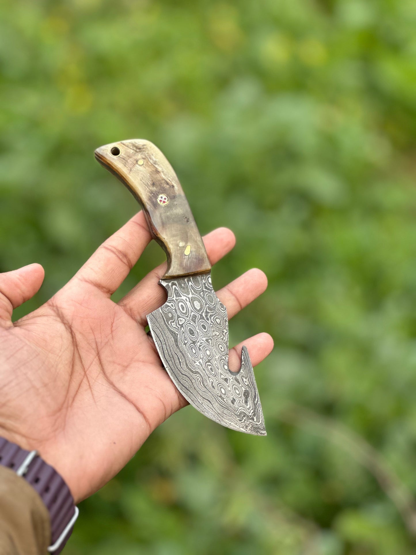 Texan Knives Custom Handmade Damascus Steel Guthook Skinning Knife with Sheep Horn Handle - 7.5” with Leather Sheath