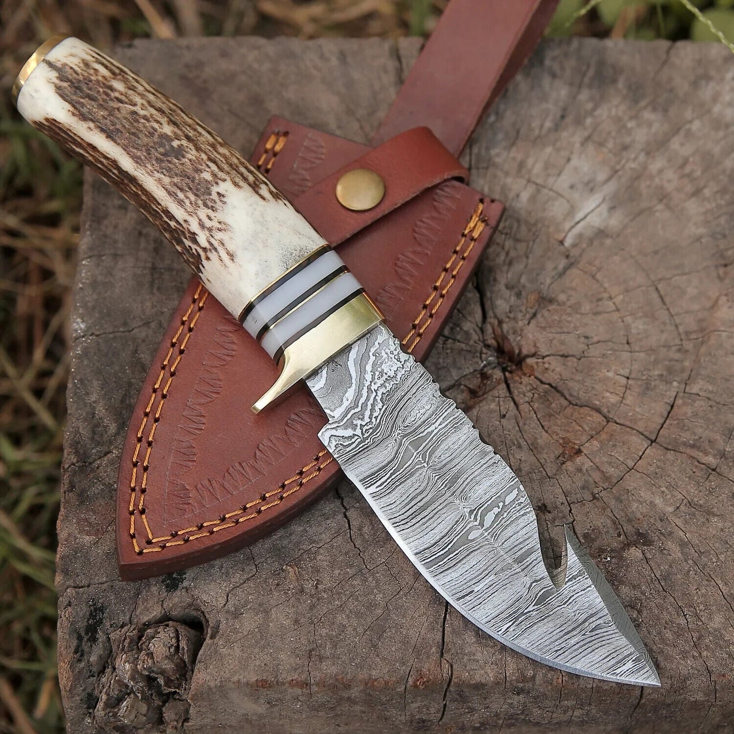Texan Knives Custom Handmade Damascus Steel Guthook Skinning Knife – 9" Stag Horn & Brass Guard with Leather Sheath