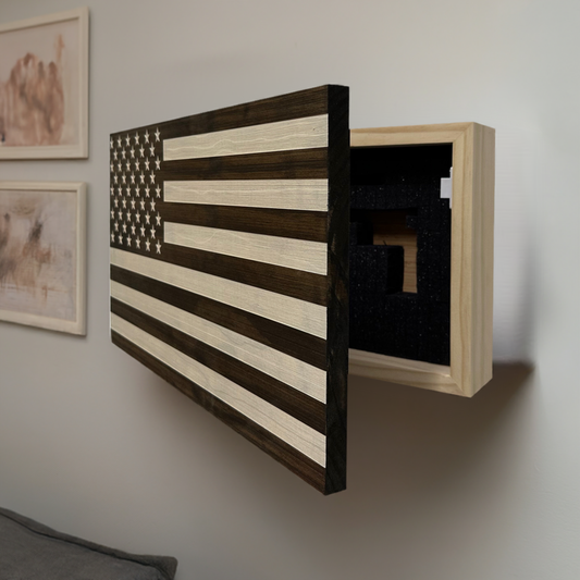 Bellewood Designs - American Flag Decorative & Secure Wall-Mounted Gun Cabinet (Dark Walnut)