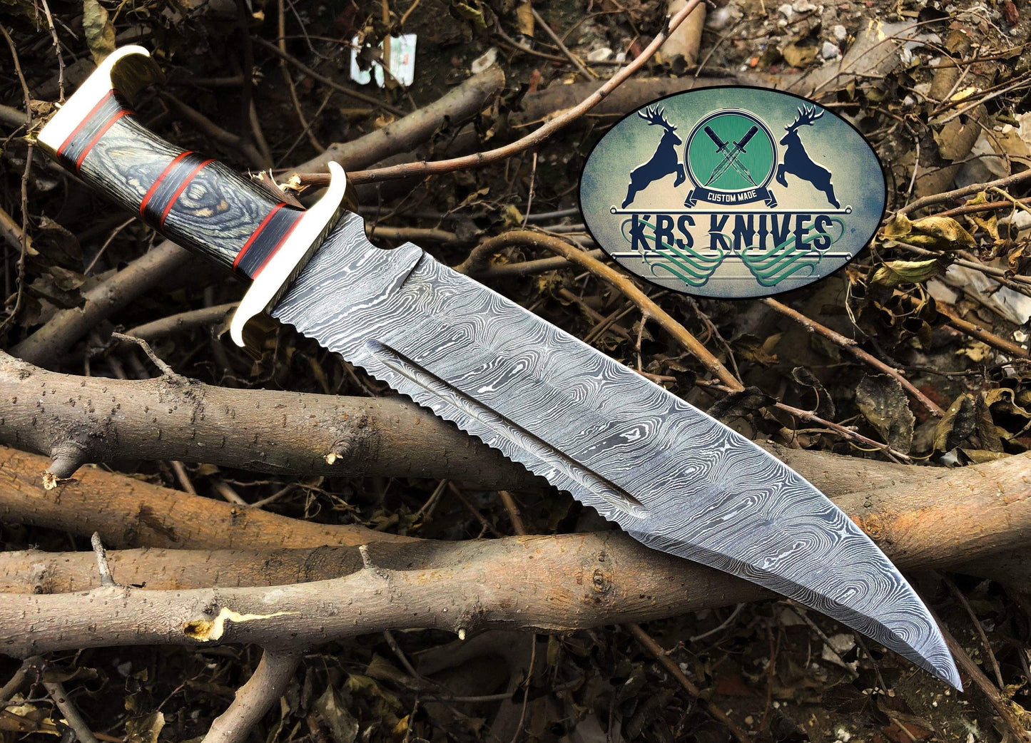 KBS Knives Western Outlaw Bowie Knife - Custom Handcrafted Damascus Steel Blade, Exotic Wood Handle, Red Fiber Spacers, Brass Guards, 16" Overall Length | Leather Sheath | KBS Knives