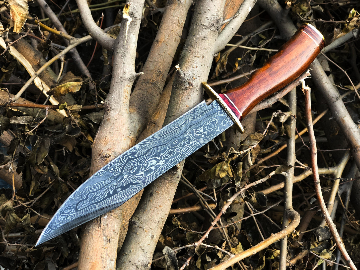 KBS Knives Real Bowie Knife for Sale – Custom Handmade Damascus Steel Blade with Walnut Wood Handle, Brass Guard & Leather Sheath | 14-Inch Hunting Knife – KBS Knives