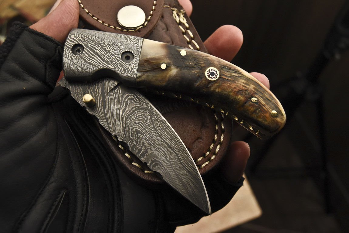KBS Knives Everyday Carry Custom Handcrafted Damascus Steel Folding Pocket Knife with Mountain Sheep Horn & Damascus Bolster Handle – The Summit