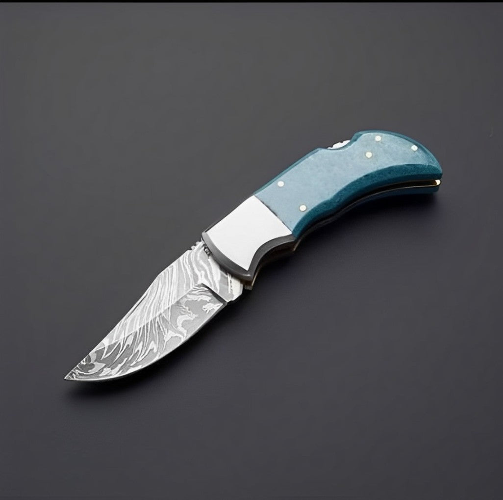 KBS Knives Damascus Knives for Sale | Custom Handmade Damascus Steel Pocket Knife with Turquoise Epoxy Handle | 2.5-Inch Blade by KBS Knives