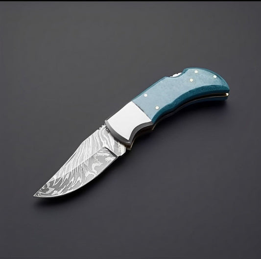 KBS Knives Damascus Knives for Sale | Custom Handmade Damascus Steel Pocket Knife with Turquoise Epoxy Handle | 2.5-Inch Blade by KBS Knives