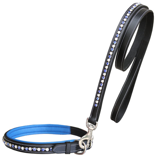 Bridles & Reins ExionPro White & Blue Bling Dog Collar With Leash