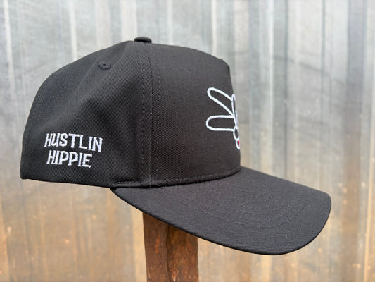 Hustlin Hippie PL Series 5 Panel Curved Bill Snapback Hat- SOLID BLACK- WHITE LOGO w/ Bold Style