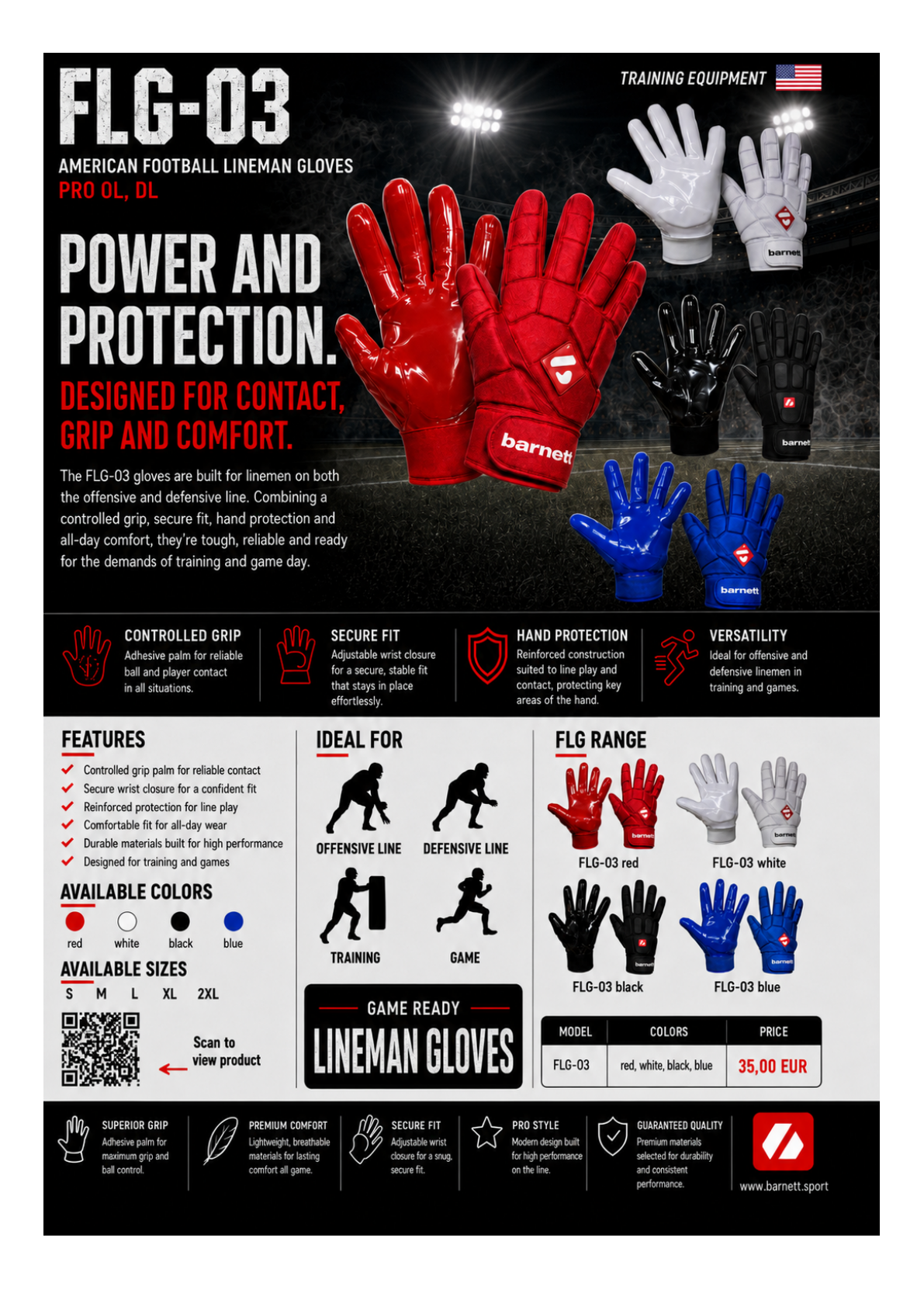 Barnett FLG-03 Exceptional linemen gloves, OL,DL, White
