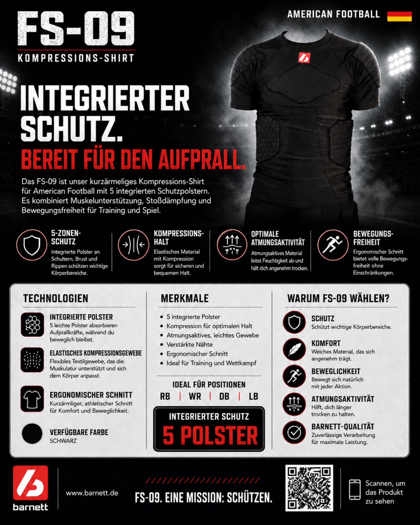 Barnett FS-09 compression T-shirt with short sleeves, 4 integrated pieces, for American football