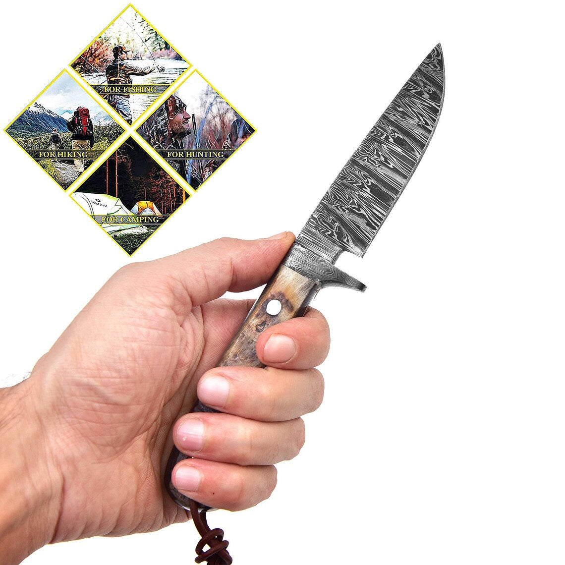 KBS Knives Custom Handmade Hunting Knife with Fire Pattern Damascus Steel Blade and Sheep Horn Handle, 8.25-Inch Overall Length with Leather Sheath