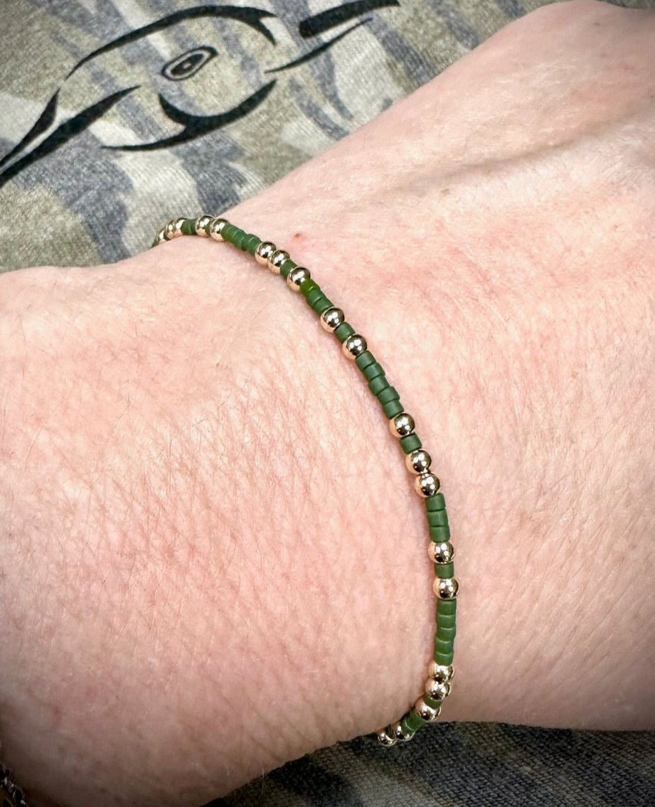 AF Waterfowl 14K Gold Filled and Camo Color Seed Bead Stretch Bracelets