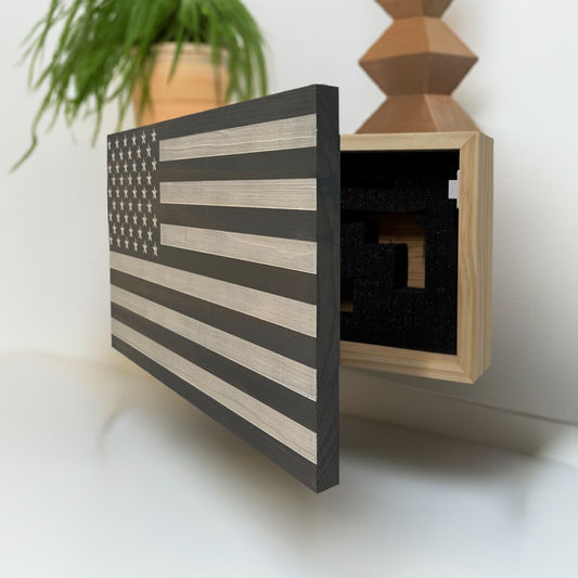 Bellewood Designs - American Flag Decorative & Secure Wall-Mounted Gun Cabinet (Gray & White)