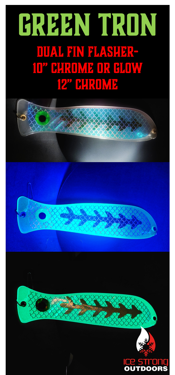 Ice Strong Outdoors - 10" or 12" Chrome/Glow Fishblades - Dragon/Dragon Slayer/Blue Tron/Green Tron