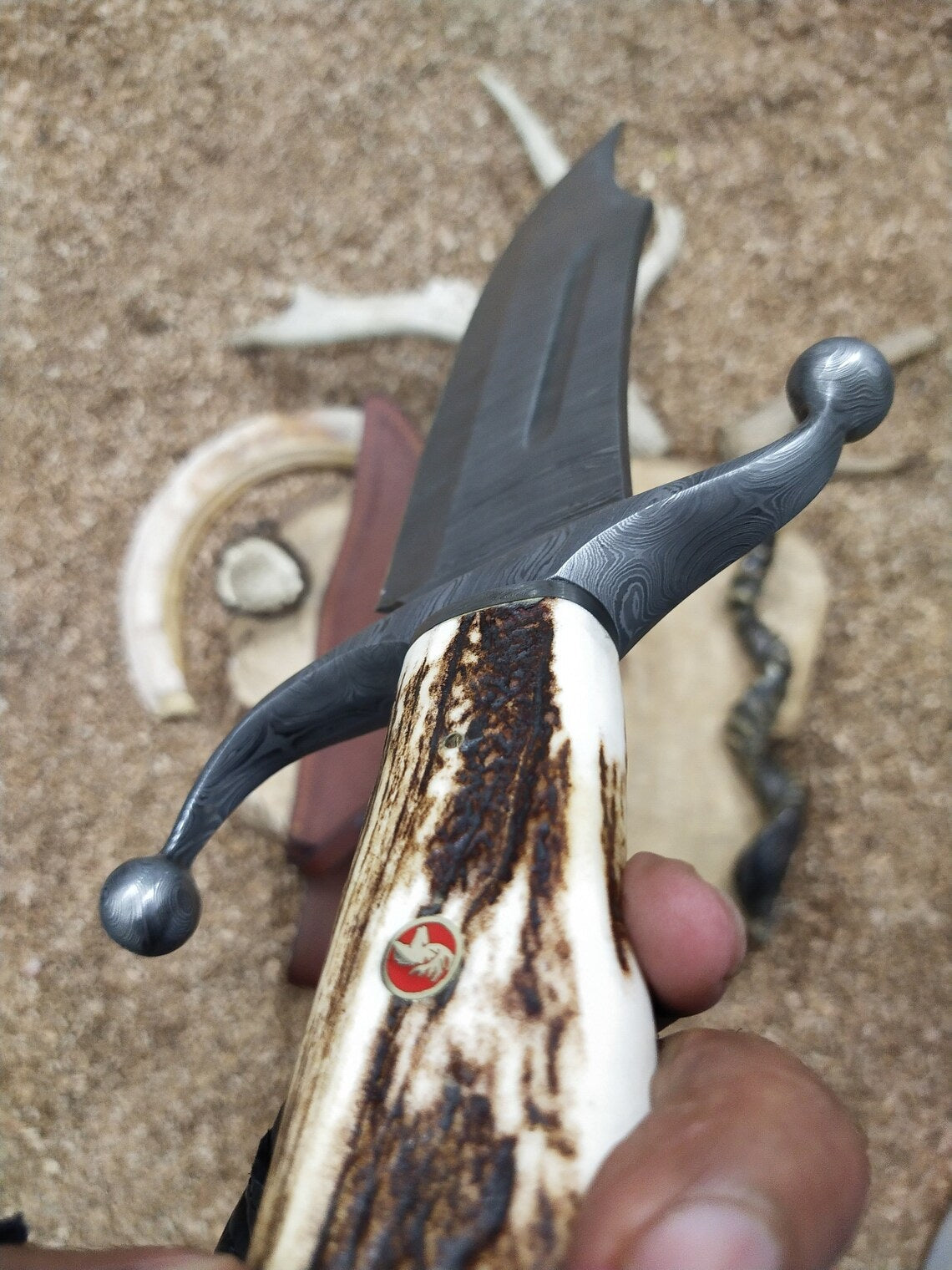 KBS Knives Custom Handmade Bowie Knife with Twisted Damascus Steel Blade and Antler Horn Handle - 15 Inches