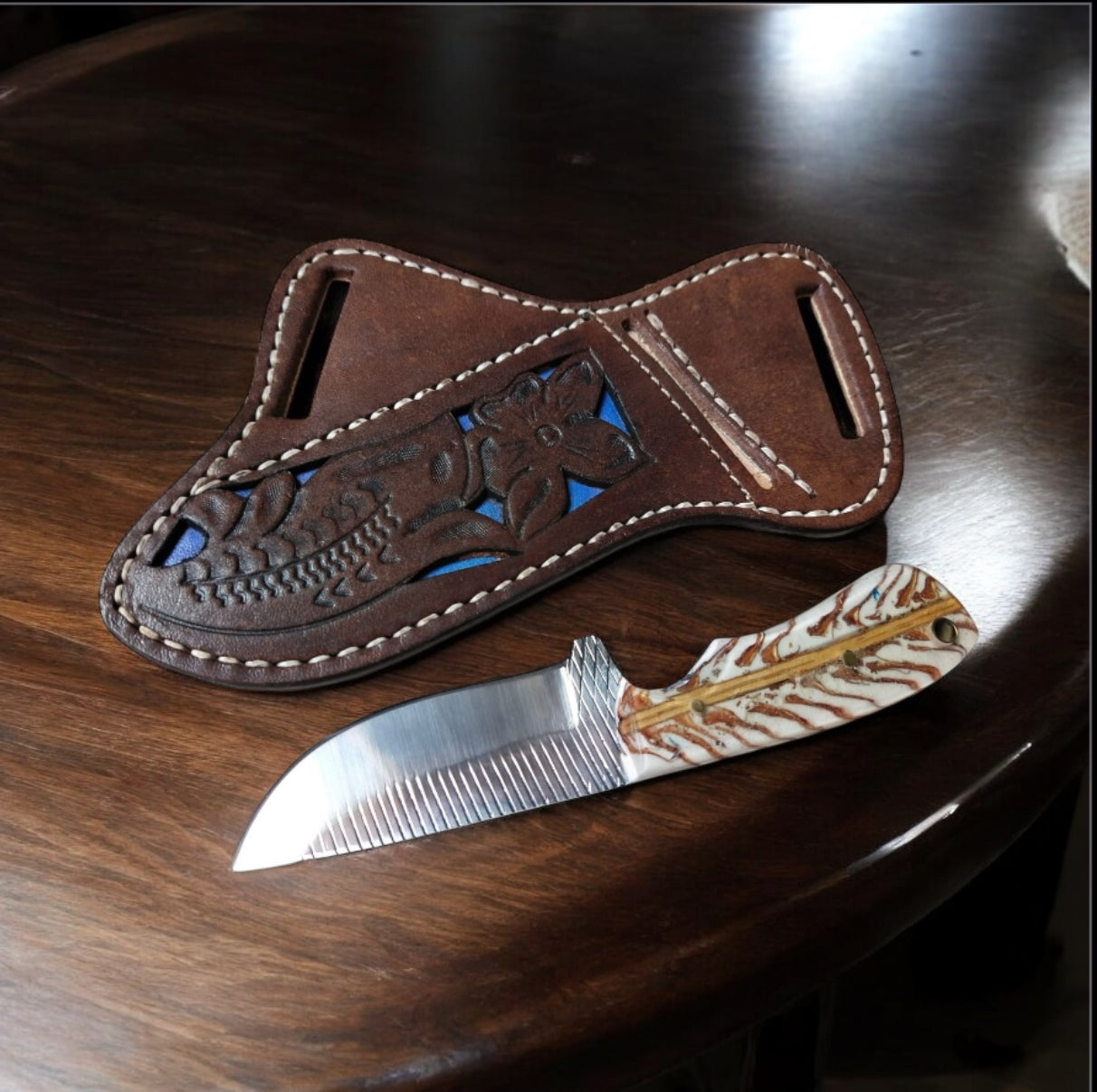 Texan Knives Handmade Cowboy Belt Knife with Western Leather Sheath – Rasp Steel Blade & Pine Cone Handle
