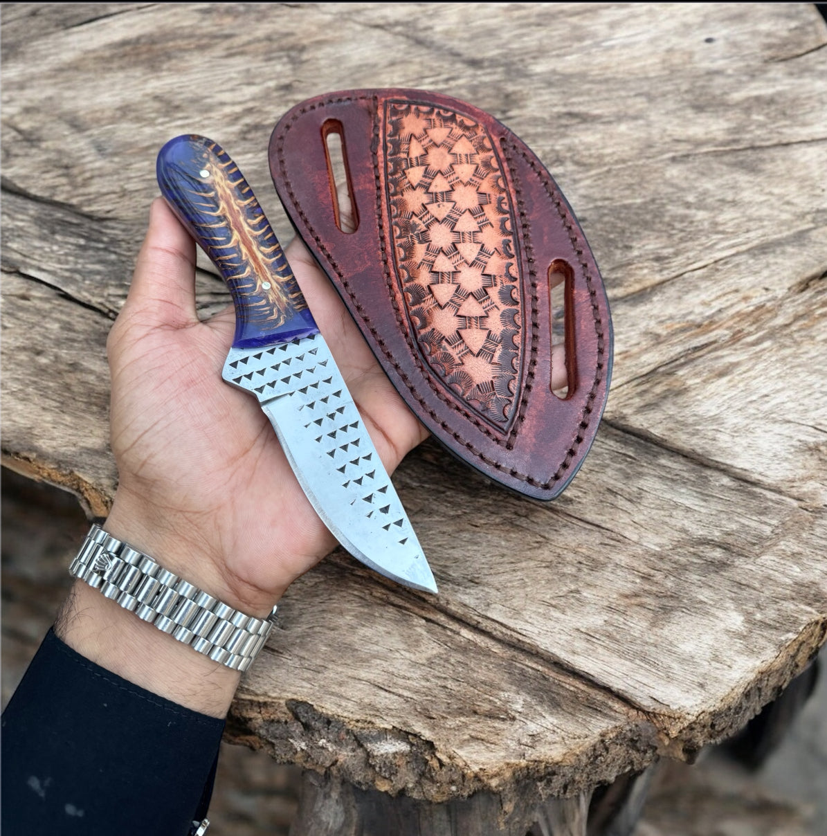 Texan Knives Handmade Cowboy Knife with Pancake Sheath – 10" Rasp Tool Steel Blade & Pine Cone Resin Handle