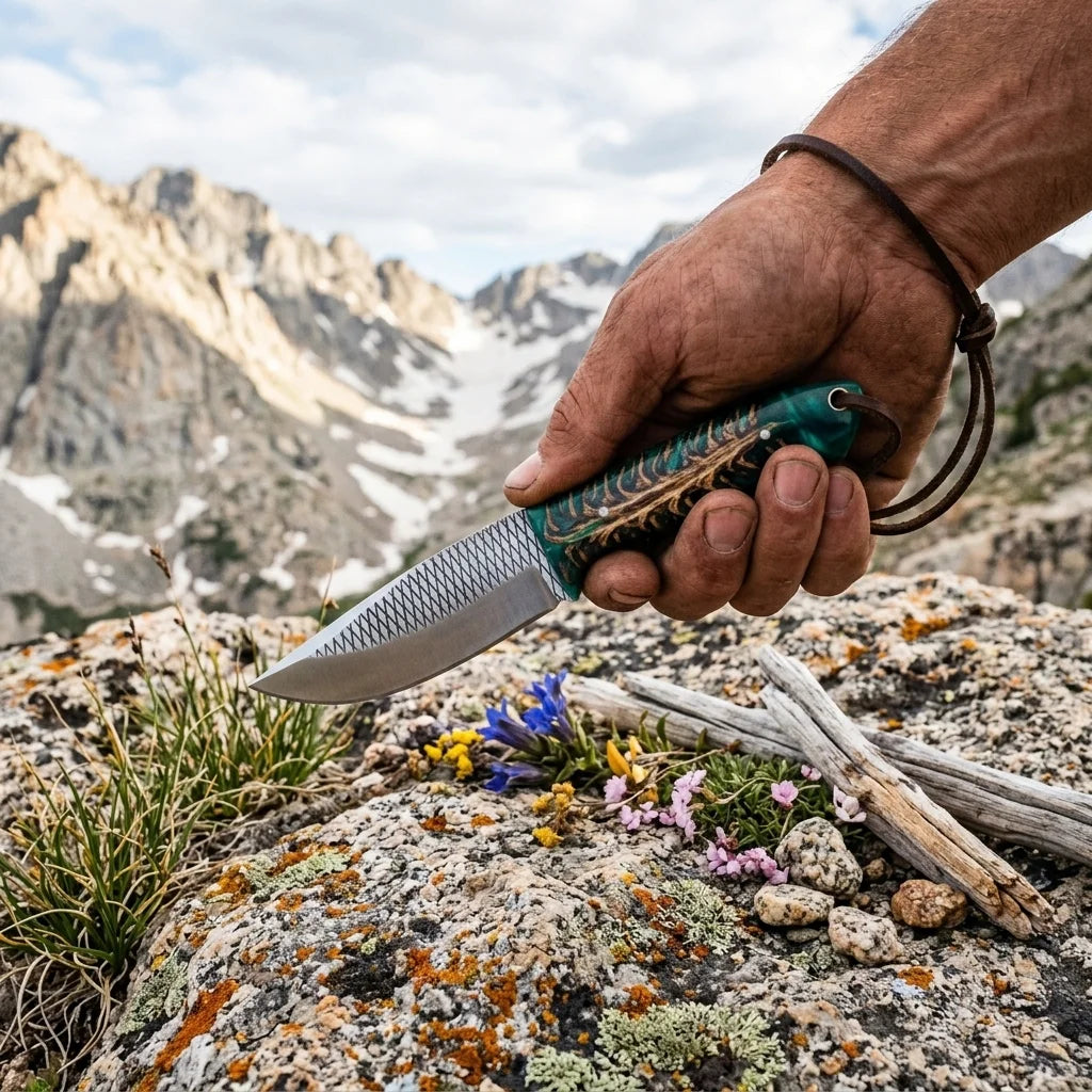 Frontier Cowboy Gear Rasp Steel Western Utility Knife – Green Pine Cone Resin Handle & Leather Sheath | 8"