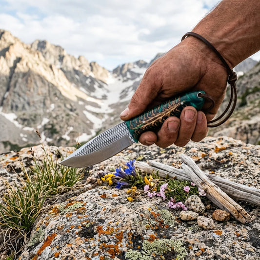 Frontier Cowboy Gear Rasp Steel Western Utility Knife – Green Pine Cone Resin Handle & Leather Sheath | 8"